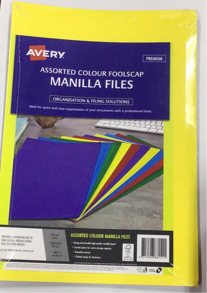Avery Manilla folders Foolscap assorted colours 10 pack