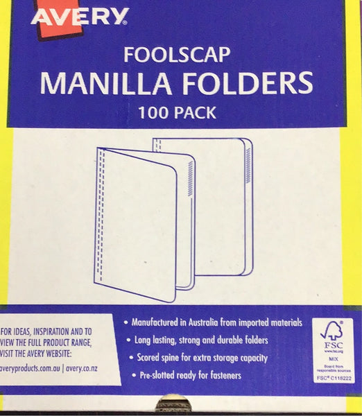 Avery Foolscap Manilla Folders 100 pack