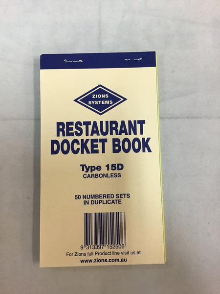 Zions Restaurant Docket Book  Carbonless 50numbers